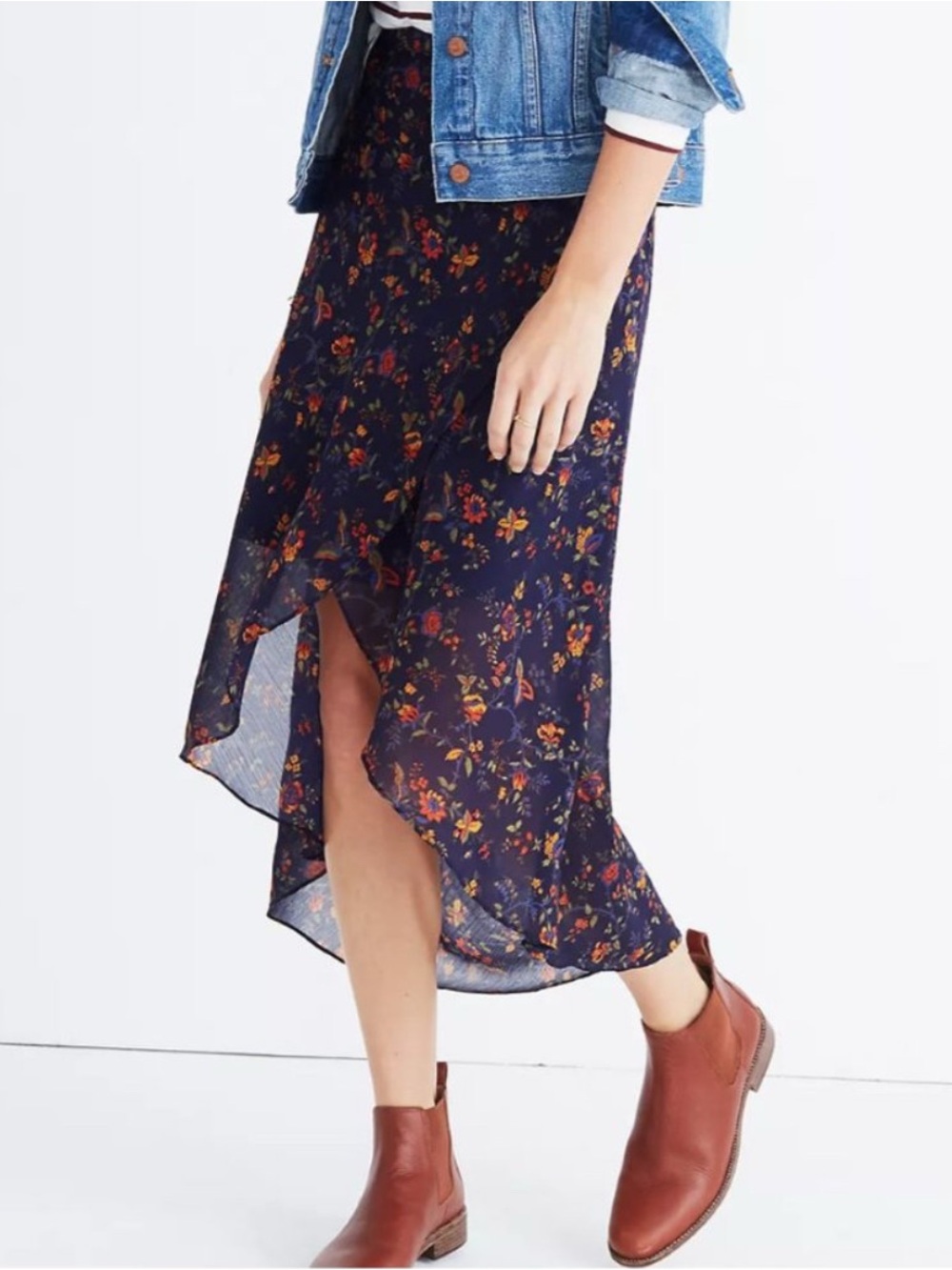 Madewell Faux Wrap Navy Floral High-Low Midi Skirt Size 6
